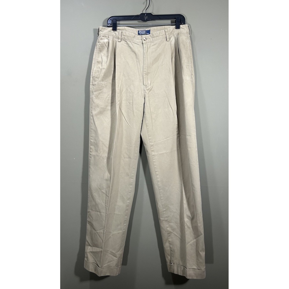Vintage Polo Ralph Lauren Chino Pants Mens 35x32 Pleat Cuff Baggy (Fits 33x32)